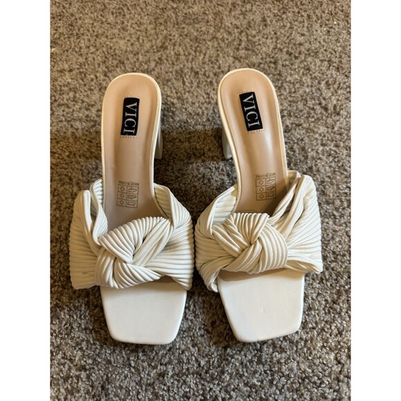 Vici Shoes - VICI Wilma White Knotted Mule Heels Womens 9 Pleated Slide Block Heel Sandals